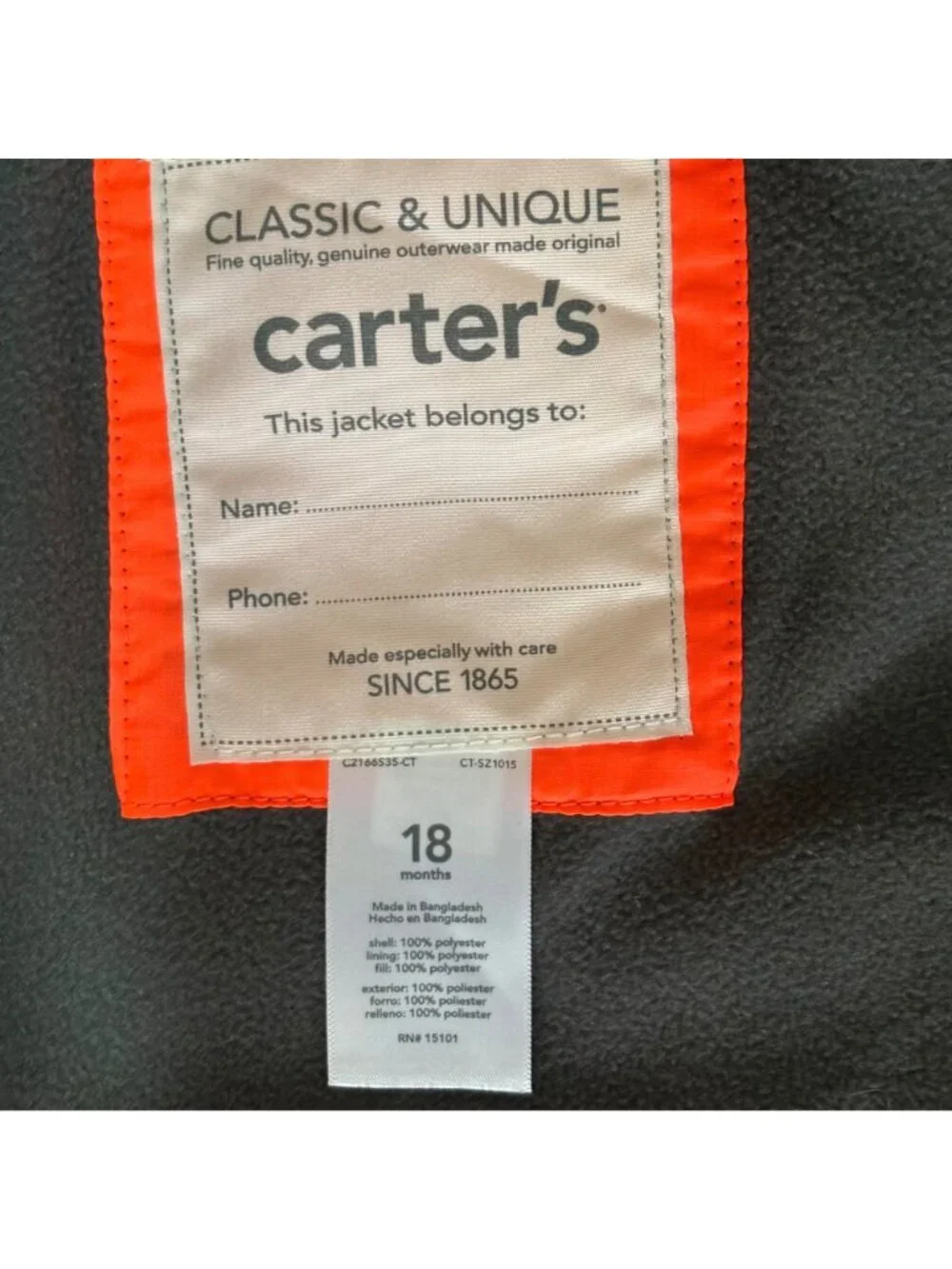 Carters Toddler Snowsuit Set Orange Gray Size 18M Winter Jacket Bib Overalls